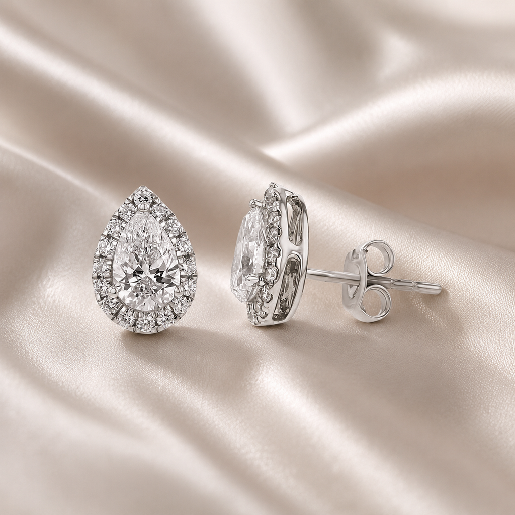 Halo Pear Diamond Stud Earrings